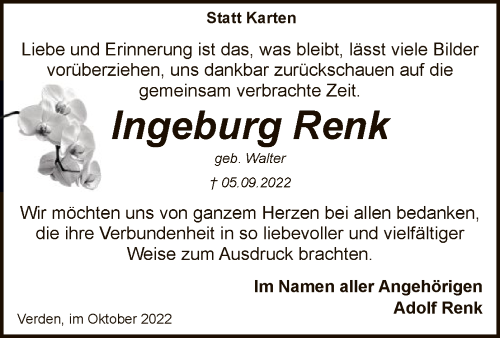  Traueranzeige für Ingeburg Renk vom 15.10.2022 aus SYK