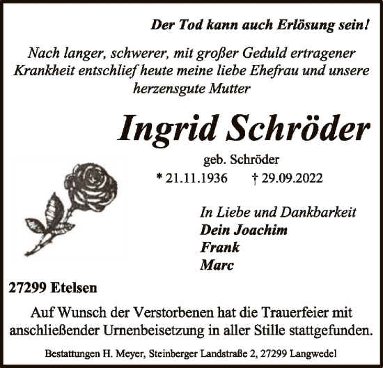 Traueranzeige von Ingrid Schröder von SYK