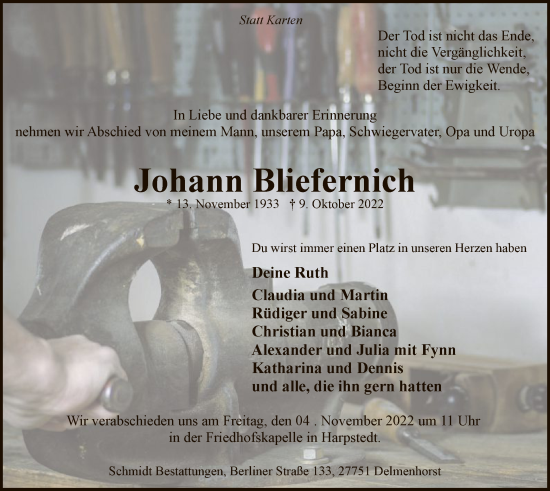 Traueranzeige von Johann Bliefernich von SYK