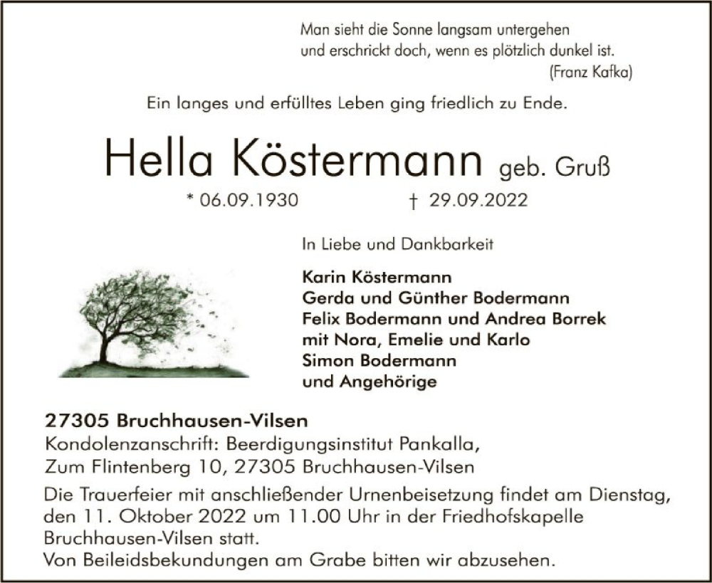  Traueranzeige für Karin Köstermann vom 05.10.2022 aus SYK
