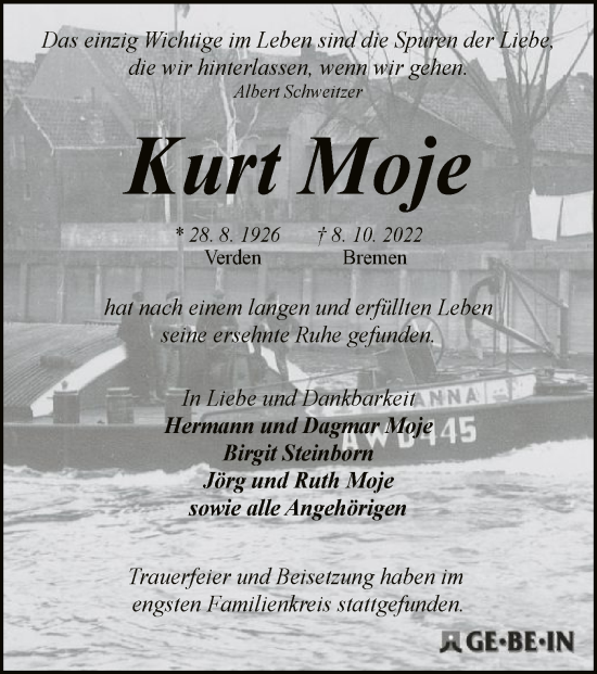 Traueranzeige von Kurt Moje von SYK