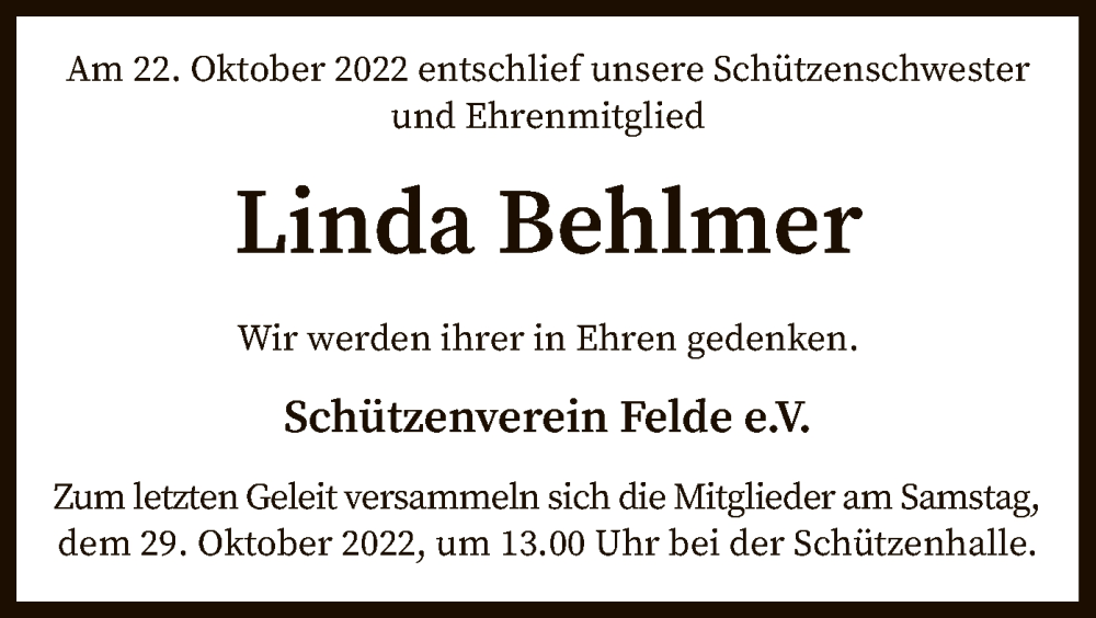  Traueranzeige für Linda Behlmer vom 26.10.2022 aus SYK