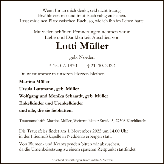 Traueranzeige von Lotti Müller von SYK