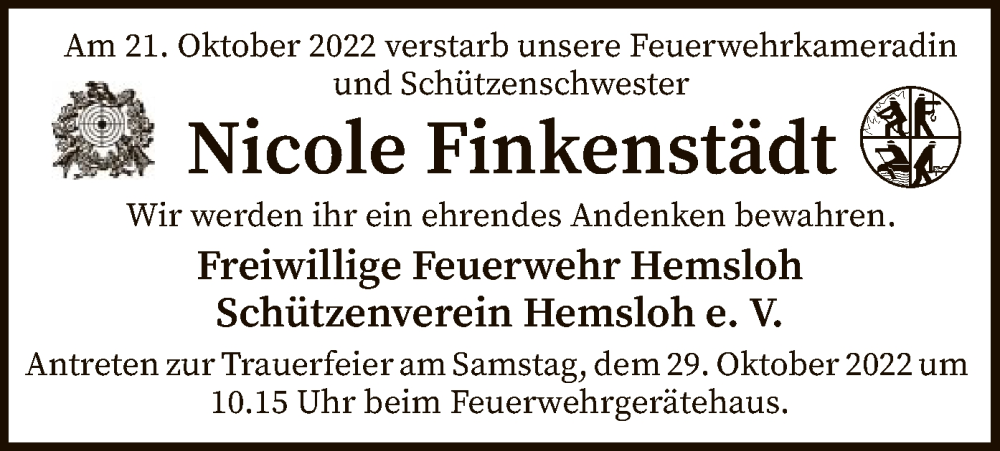  Traueranzeige für Nicole Finkenstädt vom 27.10.2022 aus SYK