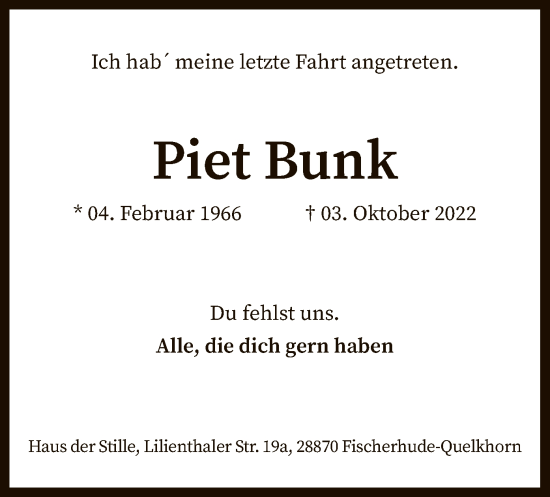 Traueranzeige von Piet Bunk von SYK