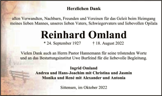 Traueranzeige von Reinhard Omland von SYK