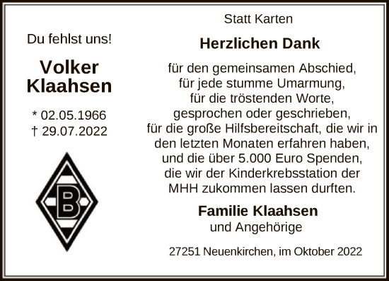 Traueranzeige von Volker Klaahsen von SYK