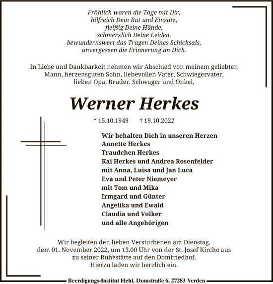 Traueranzeige von Werner Herkes von SYK