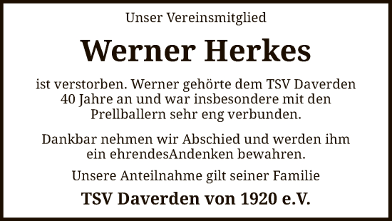 Traueranzeige von Werner Herkes von SYK