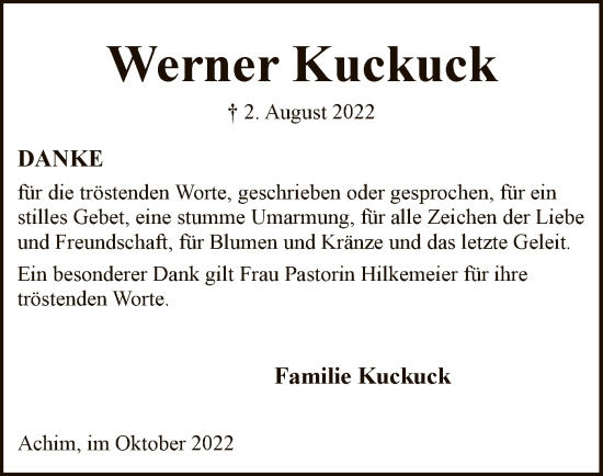 Traueranzeige von Werner Kuckuck von SYK