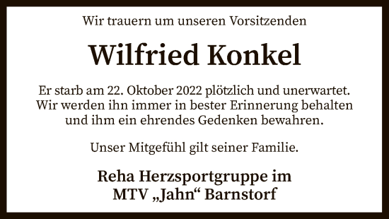 Traueranzeige von Wilfried Konkel von SYK
