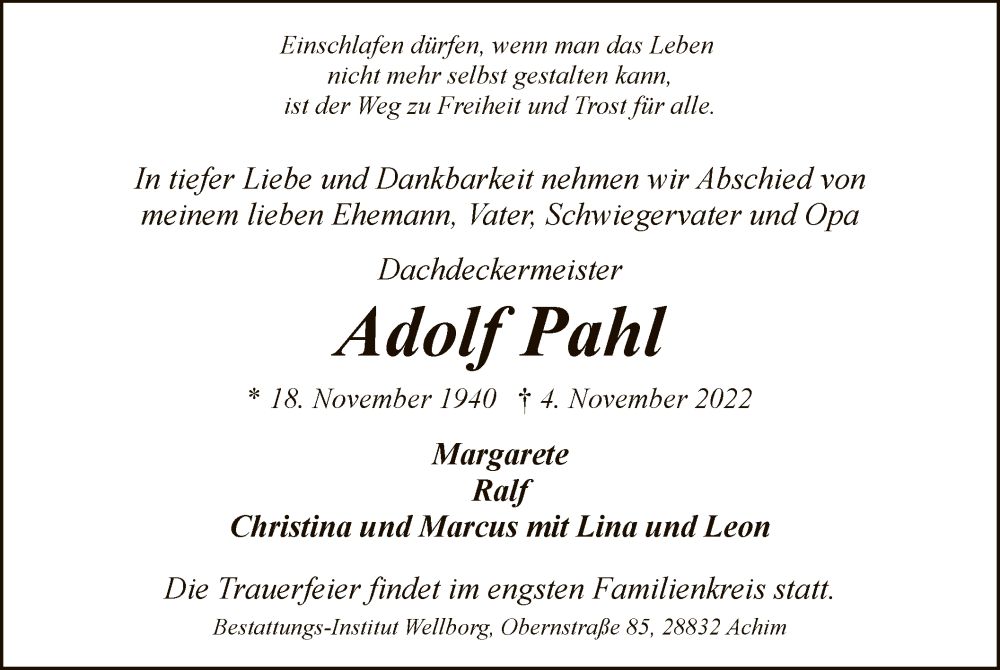  Traueranzeige für Adolf Pahl vom 12.11.2022 aus SYK