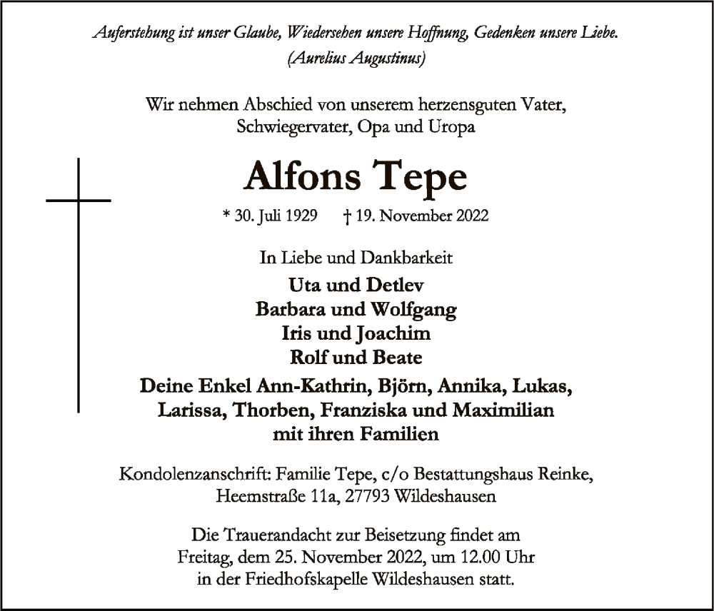  Traueranzeige für Alfons Tepe vom 23.11.2022 aus SYK