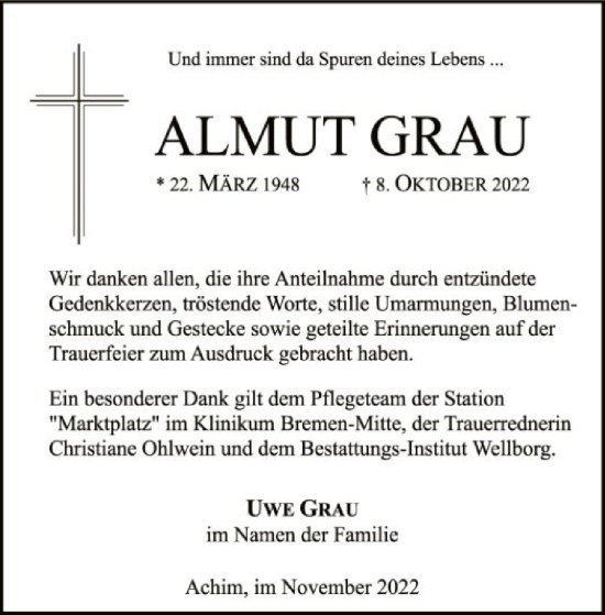 Traueranzeige von Almut Grau von SYK