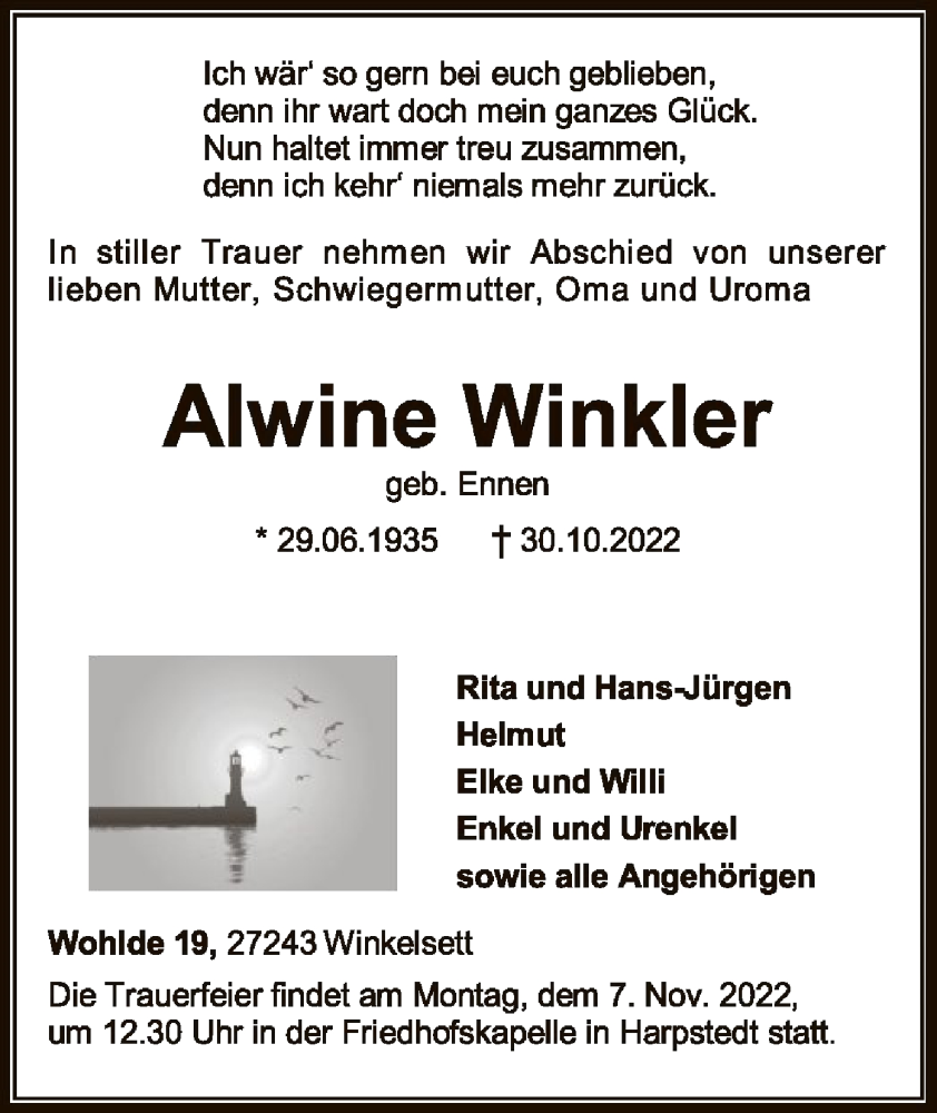  Traueranzeige für Alwine Winkler vom 03.11.2022 aus SYK