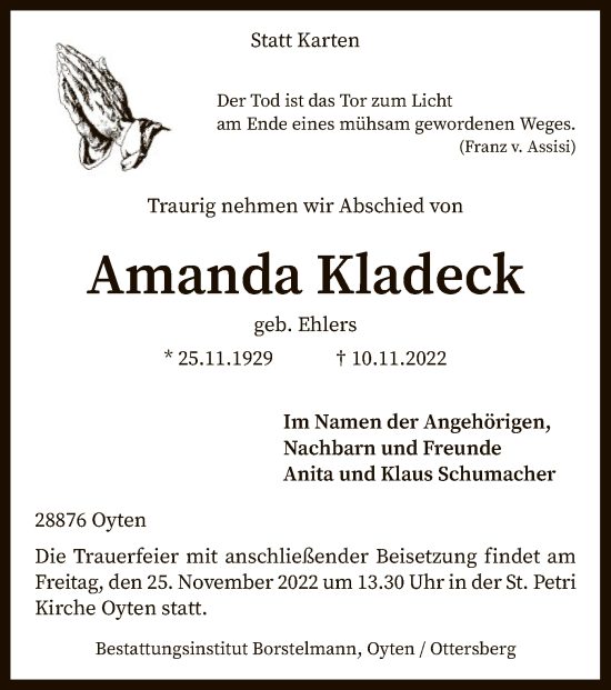 Traueranzeige von Amanda Kladeck von SYK