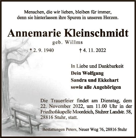 Traueranzeige von Annemarie Kleinschmidt von SYK