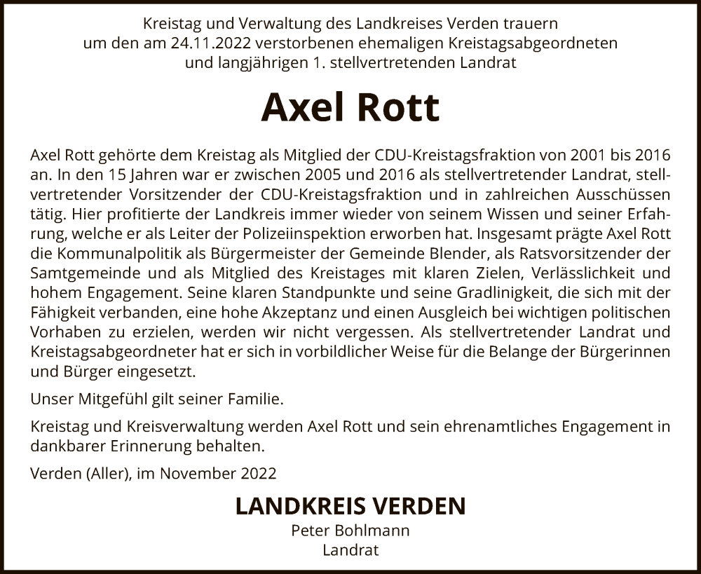  Traueranzeige für Axel Rott vom 30.11.2022 aus SYK