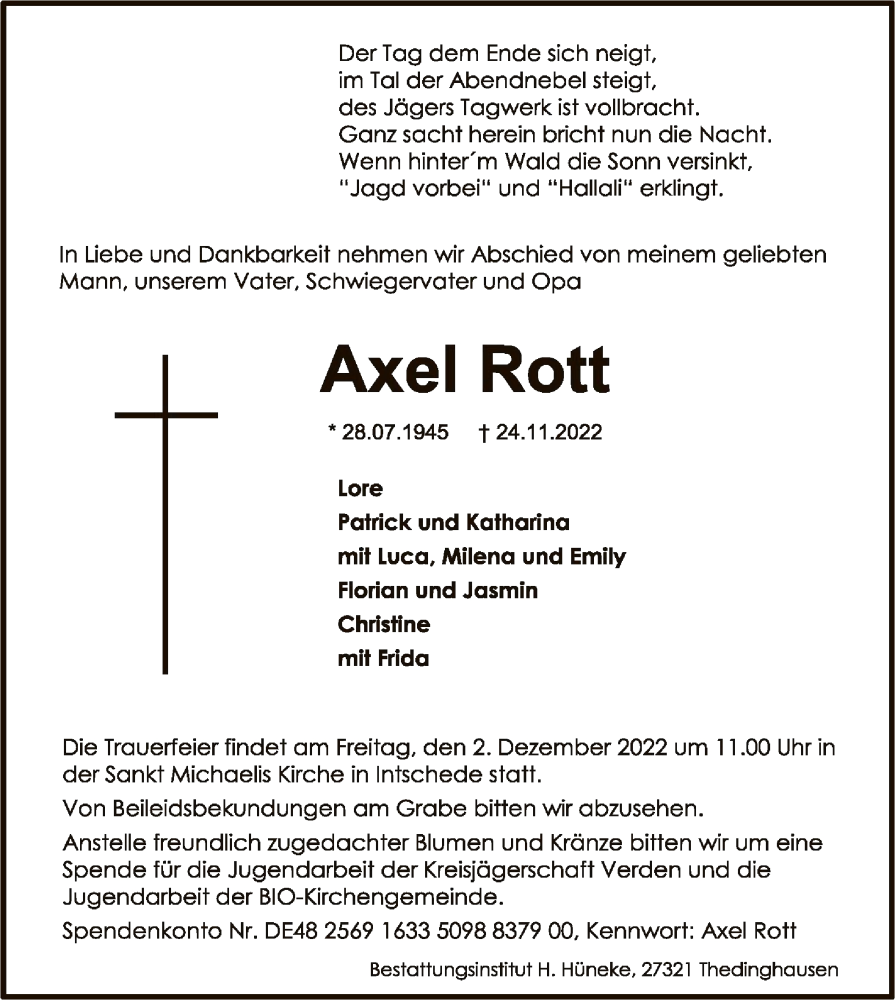  Traueranzeige für Axel Rott vom 26.11.2022 aus SYK