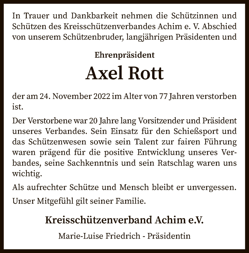  Traueranzeige für Axel Rott vom 30.11.2022 aus SYK