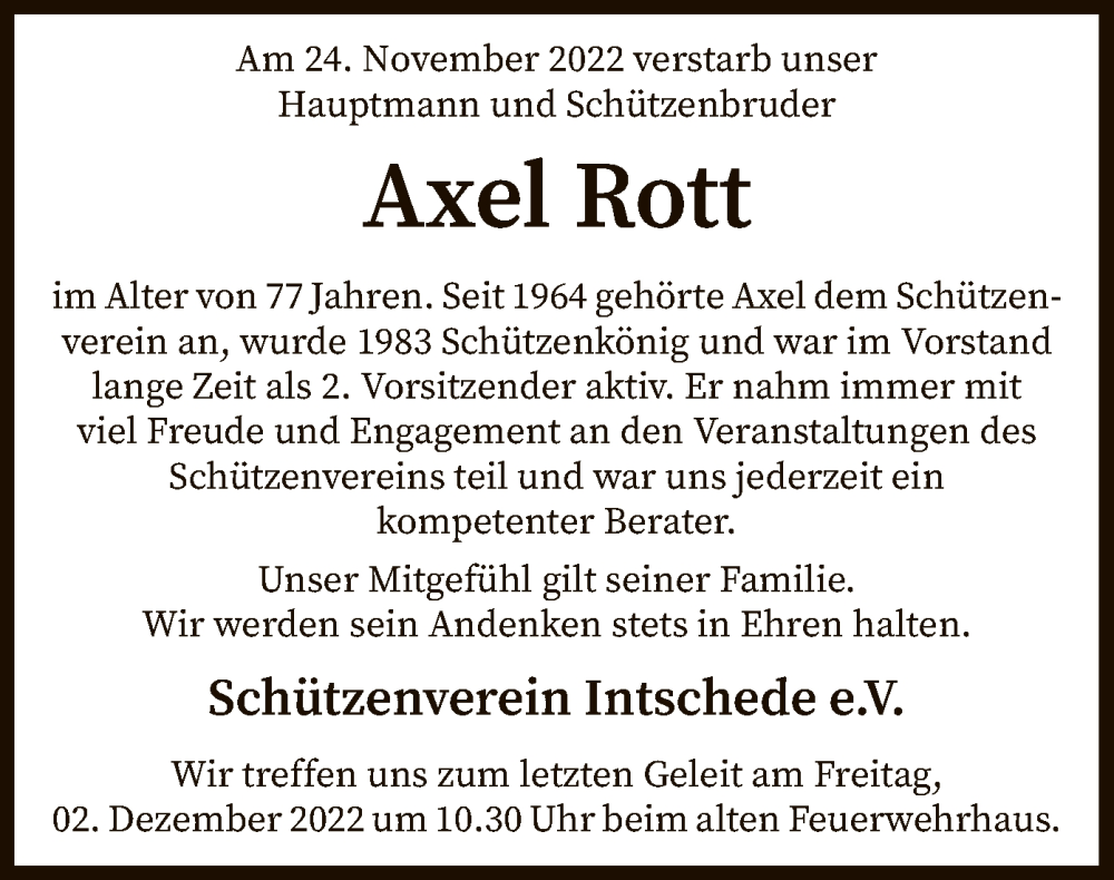  Traueranzeige für Axel Rott vom 29.11.2022 aus SYK
