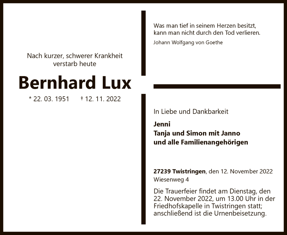  Traueranzeige für Bernhard Lux vom 17.11.2022 aus SYK