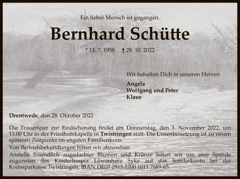  Traueranzeige für Bernhard Schütte vom 02.11.2022 aus SYK