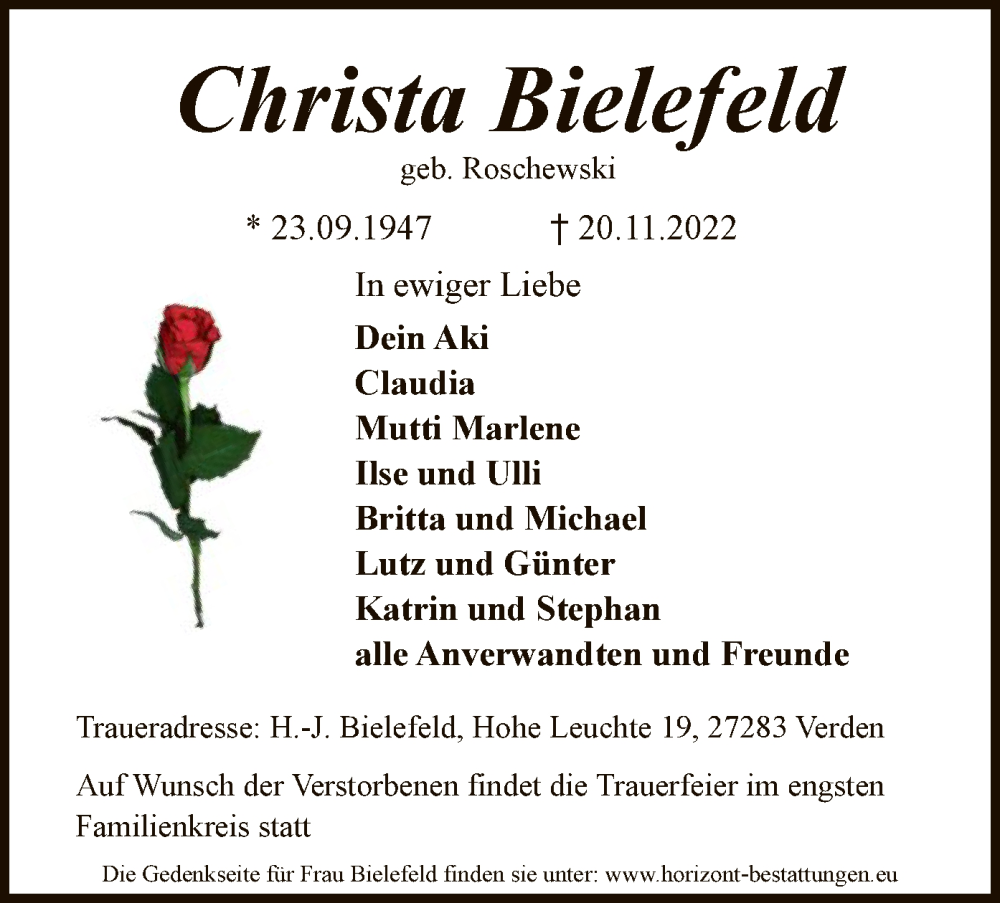  Traueranzeige für Christa Bielefeld vom 26.11.2022 aus SYK