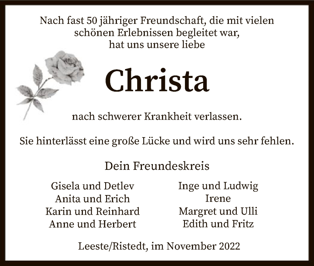  Traueranzeige für Christa Discher vom 25.11.2022 aus SYK