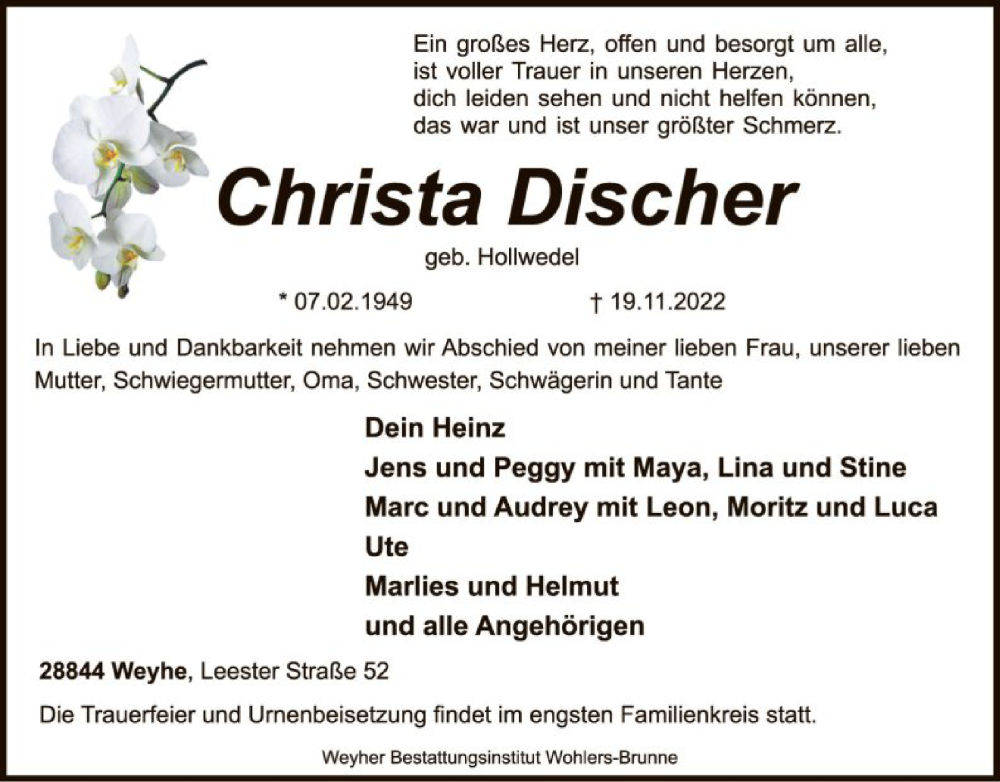  Traueranzeige für Christa Discher vom 25.11.2022 aus SYK