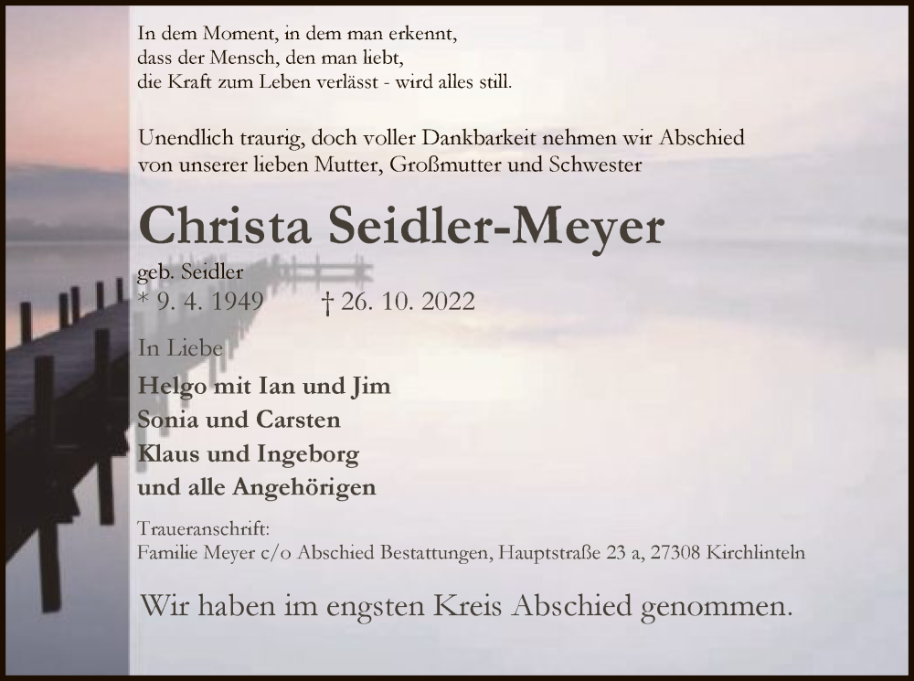  Traueranzeige für Christa Seidler-Meyer vom 16.11.2022 aus SYK