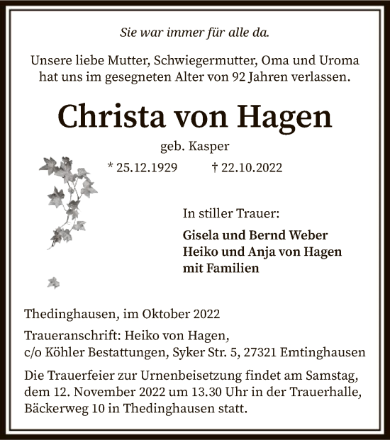 Traueranzeige von Christa von Hagen von SYK