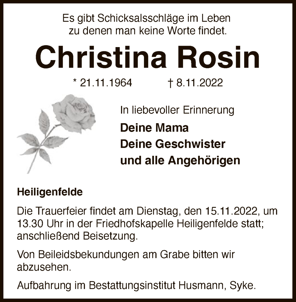  Traueranzeige für Christina Rosin vom 12.11.2022 aus SYK