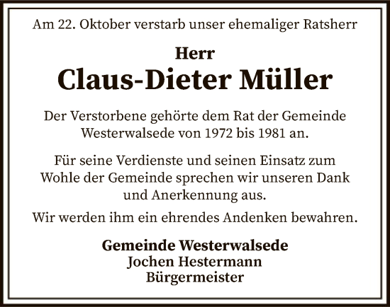 Traueranzeige von Claus-Dieter Müller von SYK