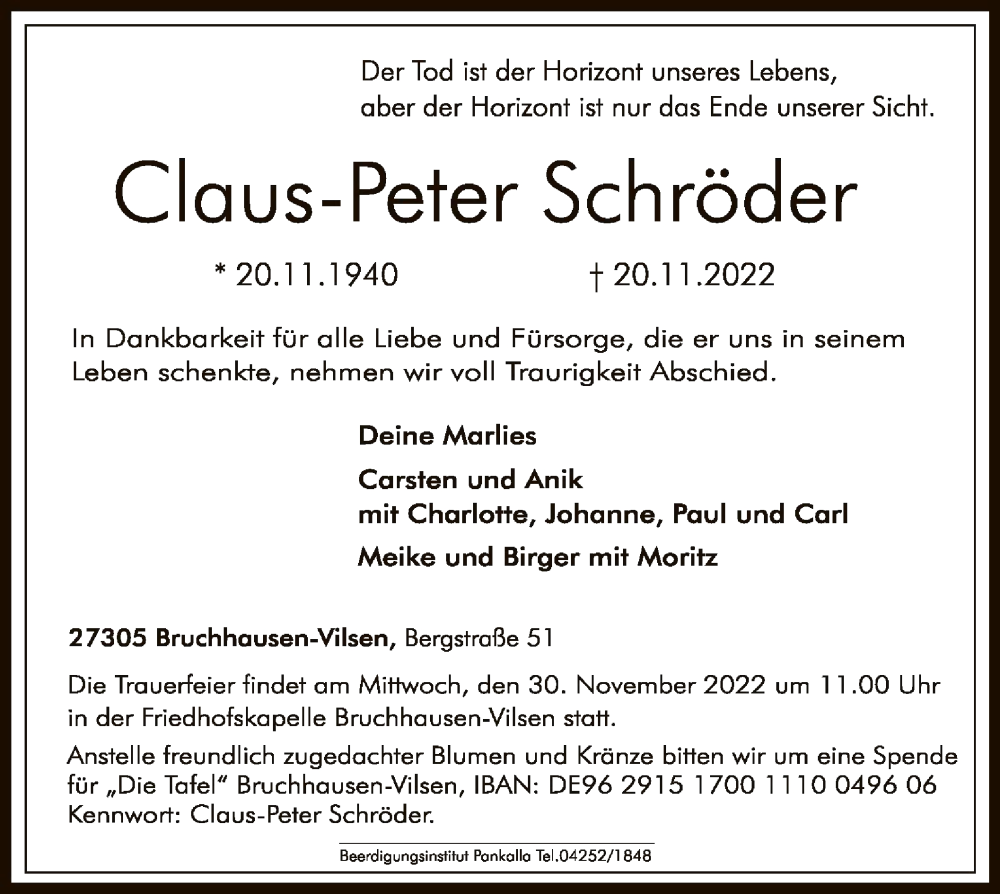  Traueranzeige für Claus-Peter Schröder vom 26.11.2022 aus SYK