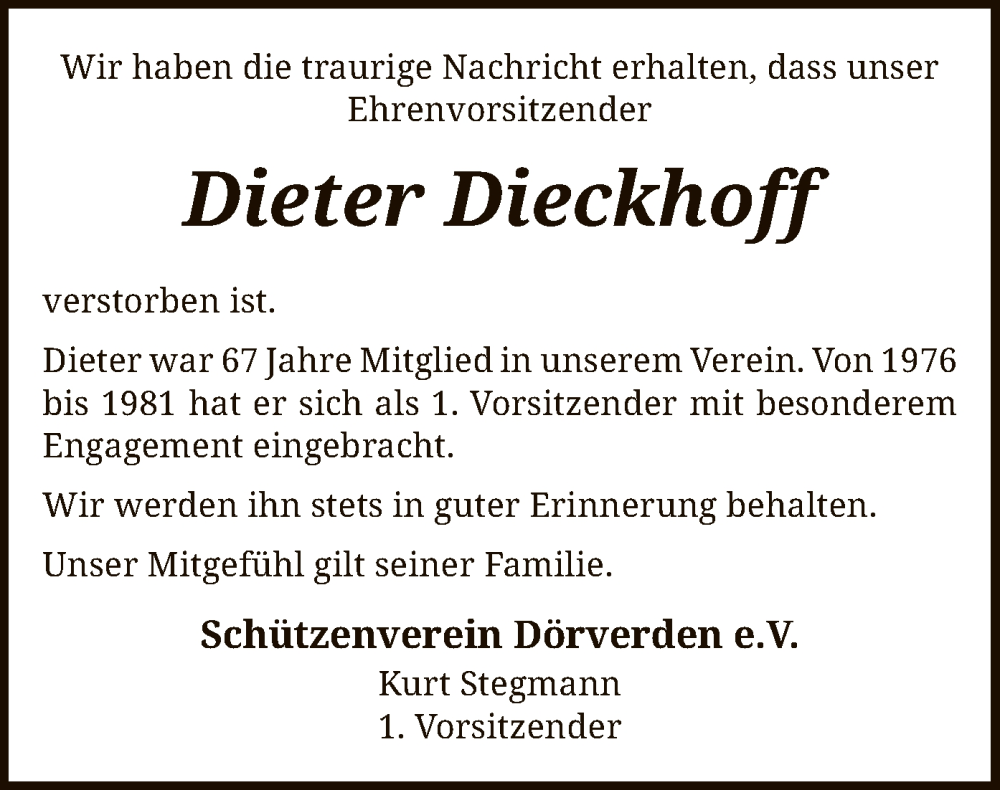  Traueranzeige für Dieter Dieckhoff vom 12.11.2022 aus SYK