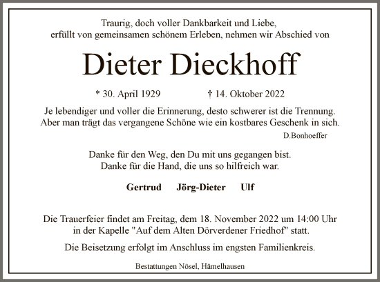 Traueranzeige von Dieter Dieckhoff von SYK