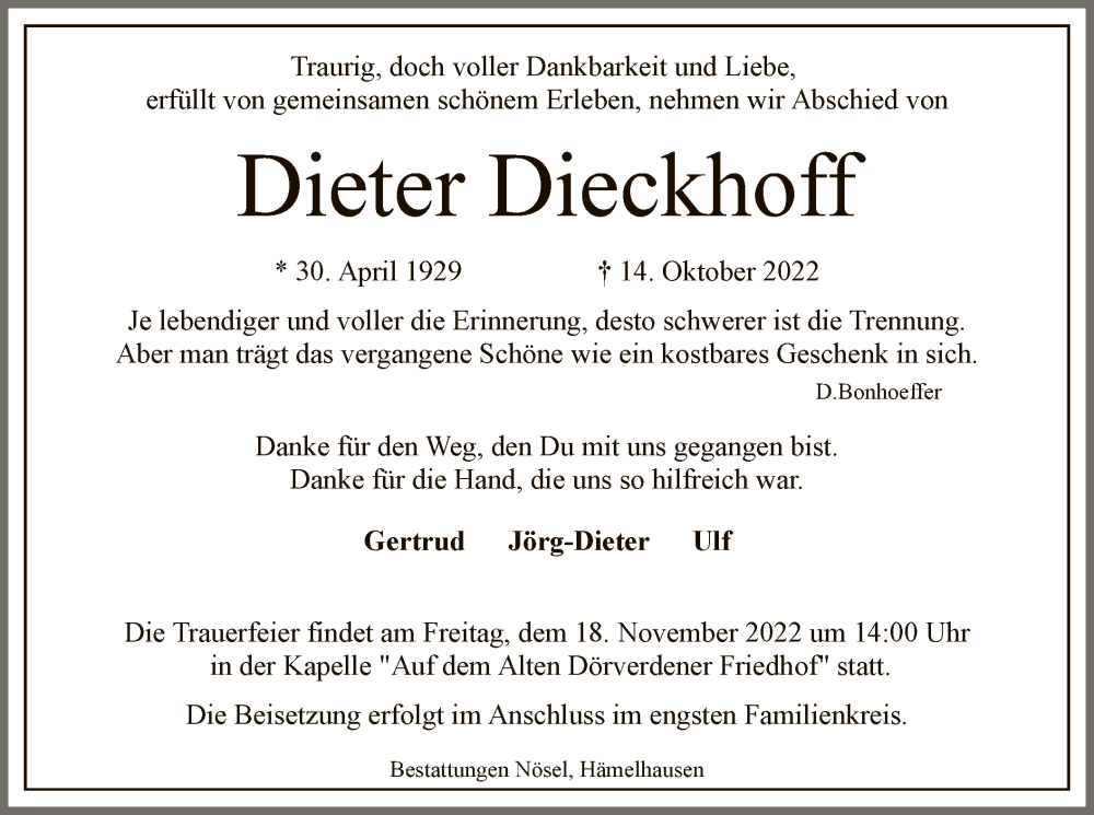  Traueranzeige für Dieter Dieckhoff vom 12.11.2022 aus SYK