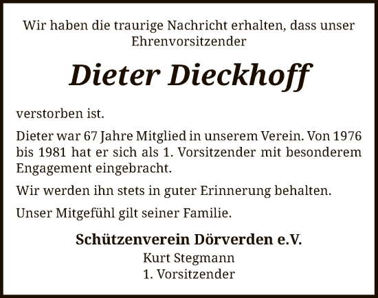 Traueranzeige von Dieter Dieckhoff von SYK