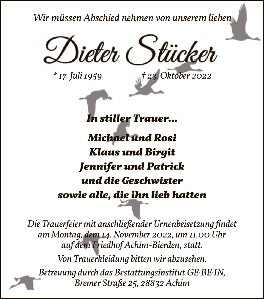  Traueranzeige für Dieter Stücker vom 09.11.2022 aus SYK