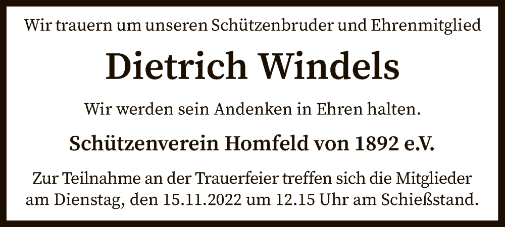  Traueranzeige für Dietrich Windels vom 09.11.2022 aus SYK