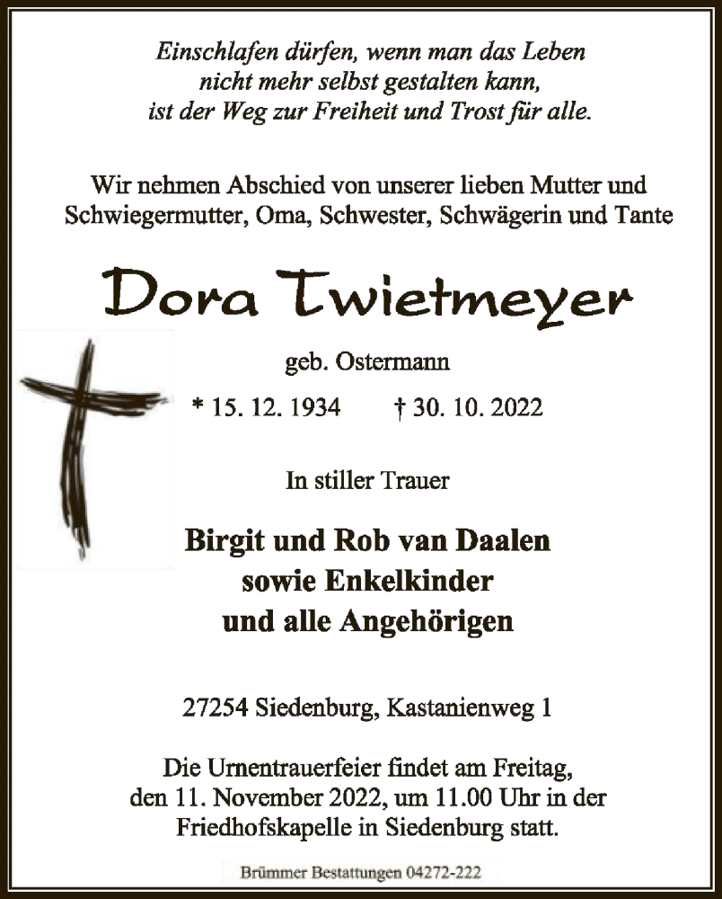  Traueranzeige für Dora Twietmeyer vom 03.11.2022 aus SYK