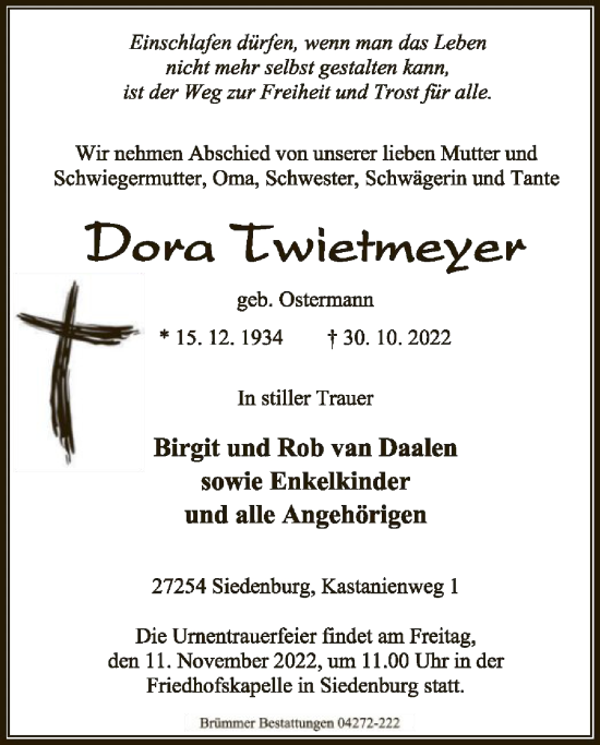 Traueranzeige von Dora Twietmeyer von SYK