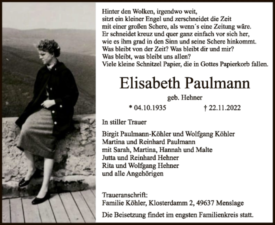 Traueranzeige von Elisabeth Paulmann von SYK