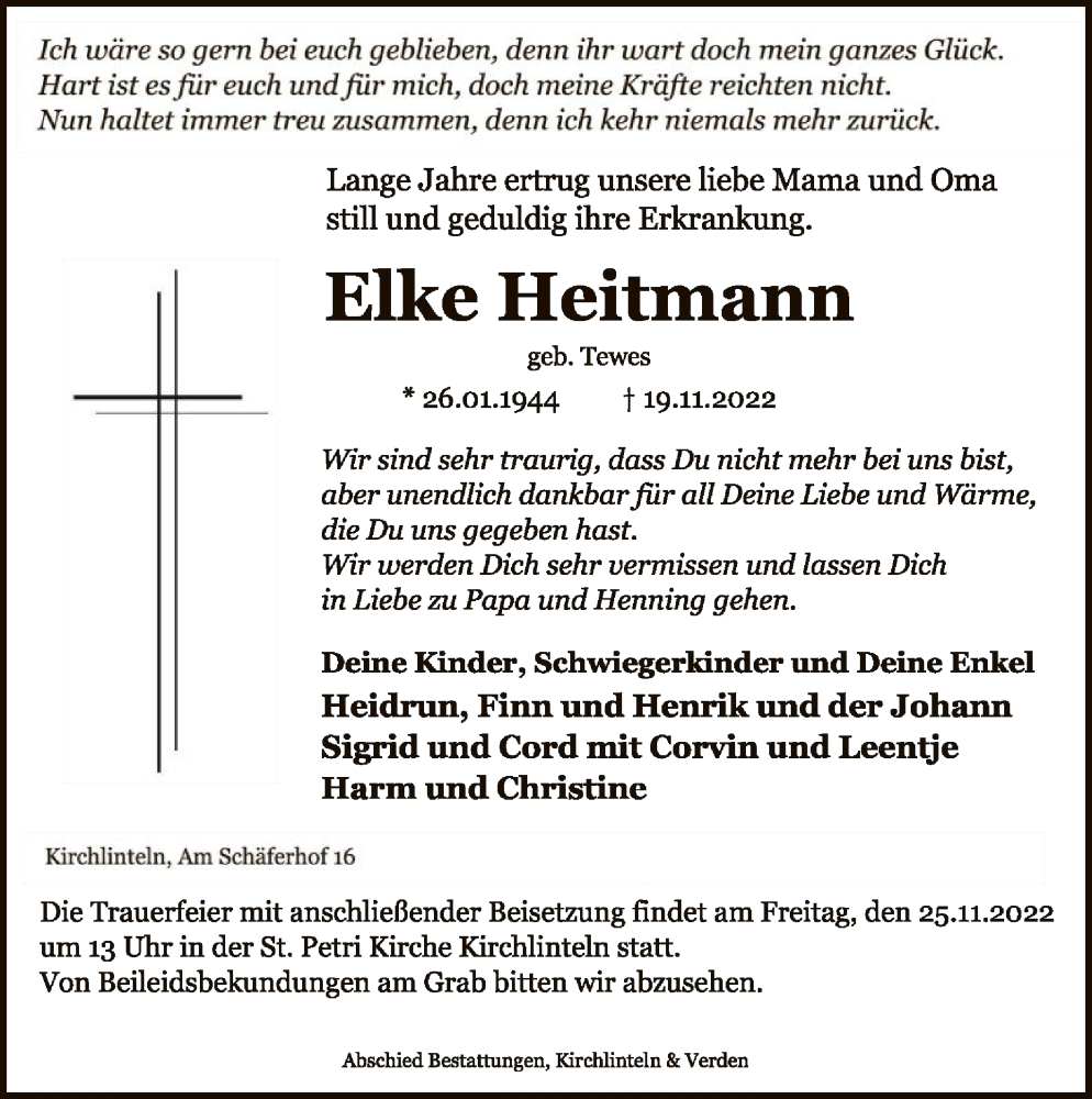  Traueranzeige für Elke Heitmann vom 22.11.2022 aus SYK