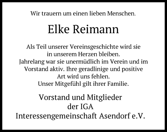 Traueranzeige von Elke Reimann von SYK