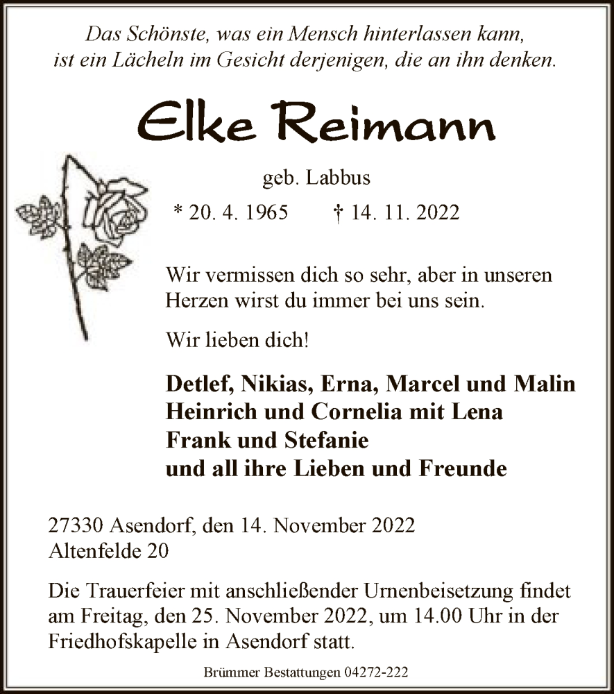  Traueranzeige für Elke Reimann vom 19.11.2022 aus SYK