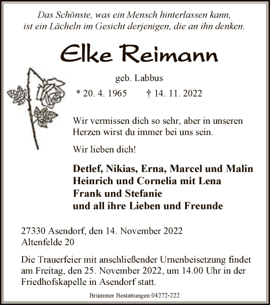 Traueranzeige von Elke Reimann von SYK