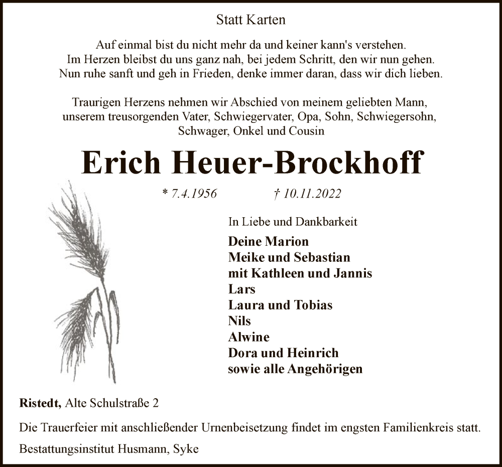  Traueranzeige für Erich Heuer-Brockhoff vom 18.11.2022 aus SYK