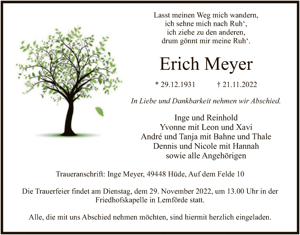  Traueranzeige für Erich Meyer vom 24.11.2022 aus SYK